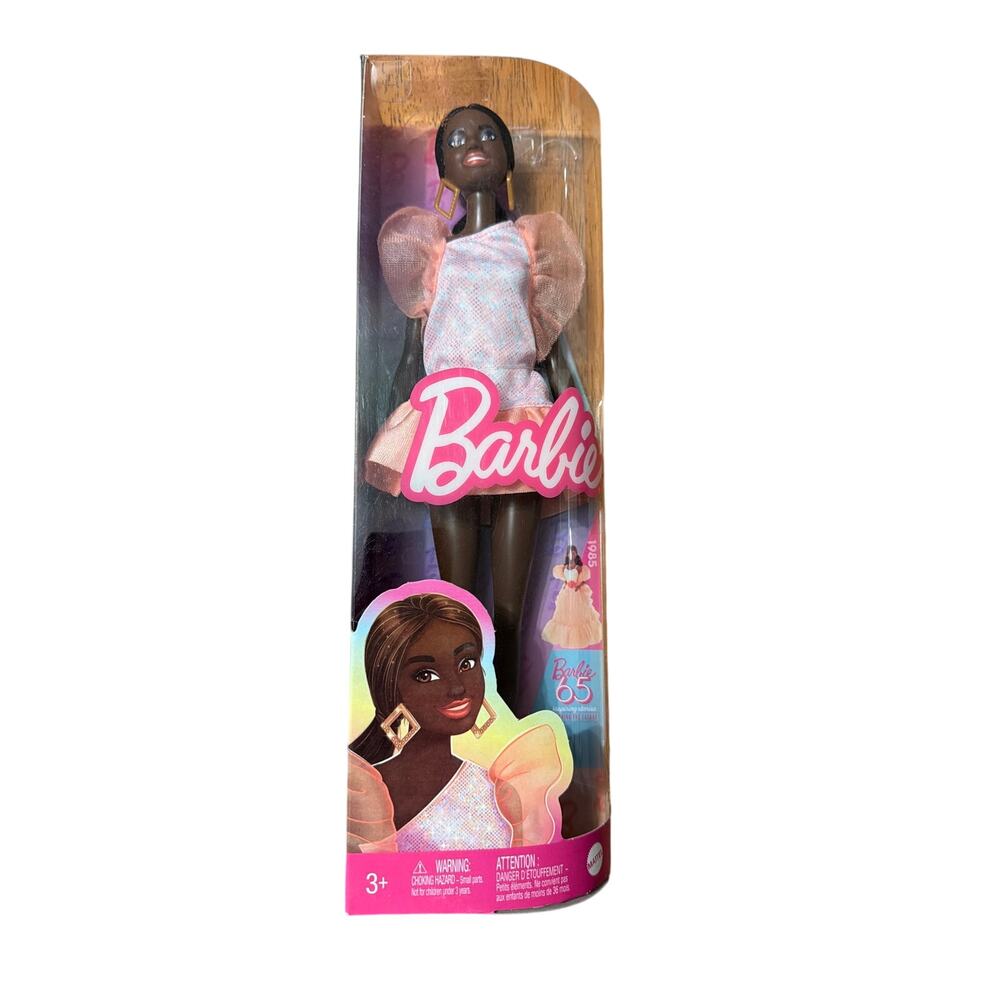 Barbie Fashionistas Doll #216 with Tall Body, Black Straight Hair & Peach Dress
